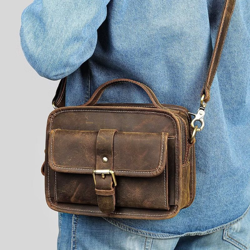 Miesten Olkalaukut Ylellinen Aitoa Nahkaa Läpällinen Kompakti Crossbody Laukku - Kahvi