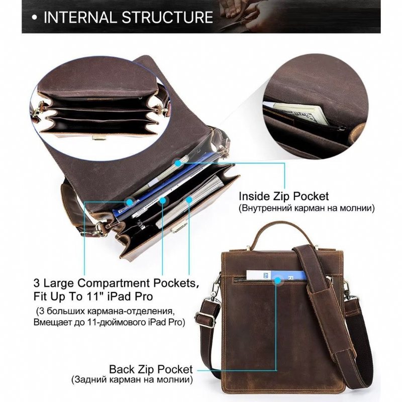 Miesten Olkalaukut Ylellinen Crossbody Messenger Bag Crazy Horse Vintage Collection - Kahvia