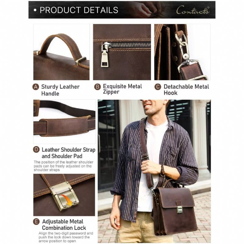 Miesten Olkalaukut Ylellinen Crossbody Messenger Bag Crazy Horse Vintage Collection - Kahvia