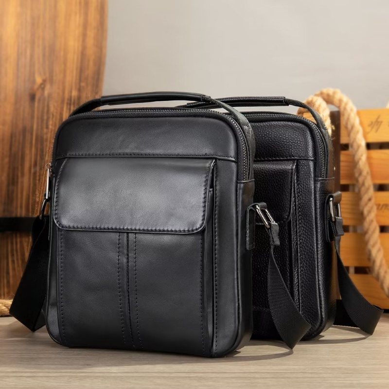 Miesten Olkalaukut Ylellinen Nahkainen Läppä Tikattu Crossbody Laukku - Musta