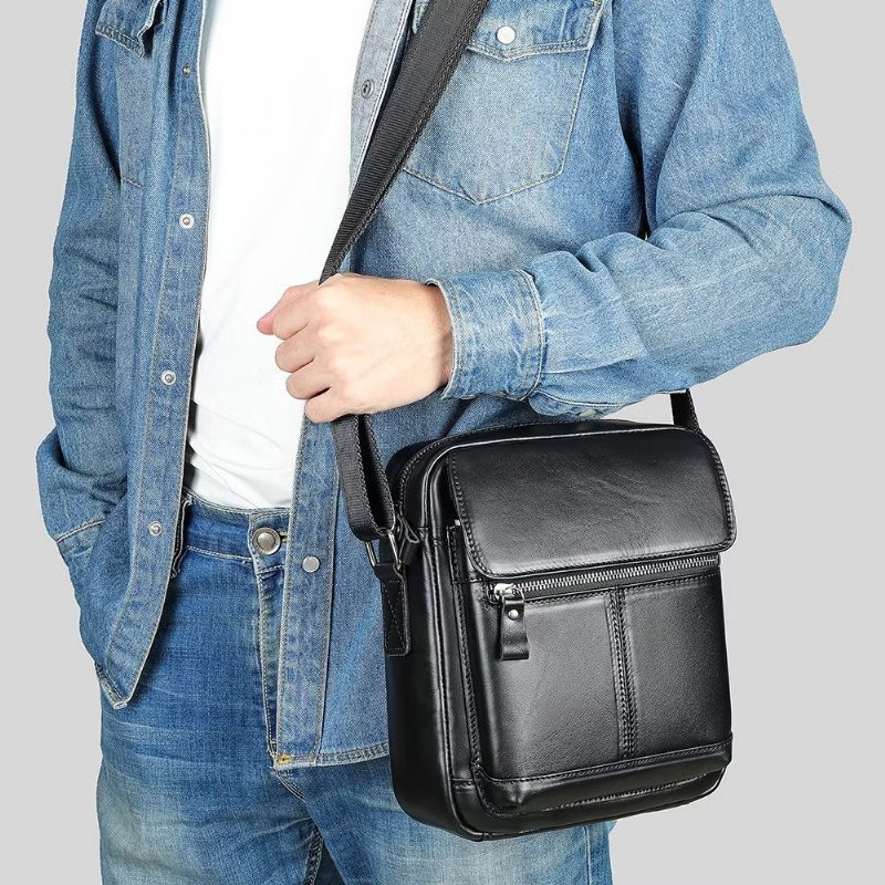 Miesten Olkalaukut Ylellinen Nahkainen Läppäreunainen Crossbody Laukku - Musta