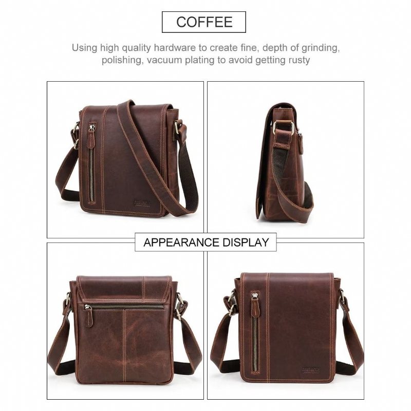 Miesten Olkalaukut Ylellinen Nahkaläppäinen Kompakti Crossbody Laukku - Kahvia