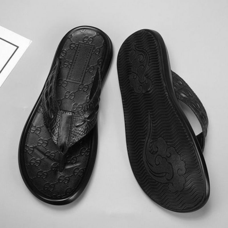 Miesten Vapaa-ajan Kengät Aidosta Nahasta Valmistettu Krokotiilirakenne Flip Flop -sandaalit - Musta