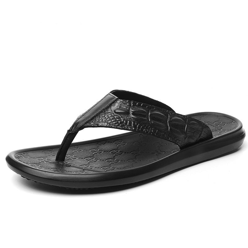 Miesten Vapaa-ajan Kengät Aidosta Nahasta Valmistettu Krokotiilirakenne Flip Flop -sandaalit - Musta