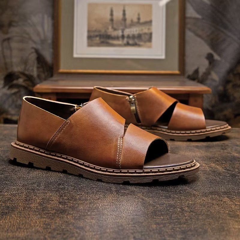Miesten Vapaa-ajan Kengät Nahkaiset Peep Toe Sandaalit - Kahvi